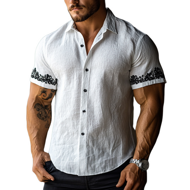 Men's Slim Fit Linen Shirt | Floral Embroidered Lapel | Casual Button-Down Short Sleeve | Lightweight Breathable Summer Top | Ideal for Smart-Casual Office or Outings | Easy Care | Versatile Styling Options