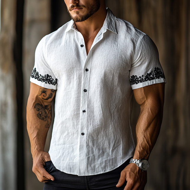 Men's Slim Fit Linen Shirt | Floral Embroidered Lapel | Casual Button-Down Short Sleeve | Lightweight Breathable Summer Top | Ideal for Smart-Casual Office or Outings | Easy Care | Versatile Styling Options