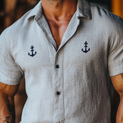 Men's Short Sleeve Linen Shirt | Anchor Embroidery | Casual Slim Fit | Lapel Collar | Summer Fashion | Nautical Design | Breathable & Lightweight | Versatile Styling | Comfortable & Chic | Multiple Sizes Available