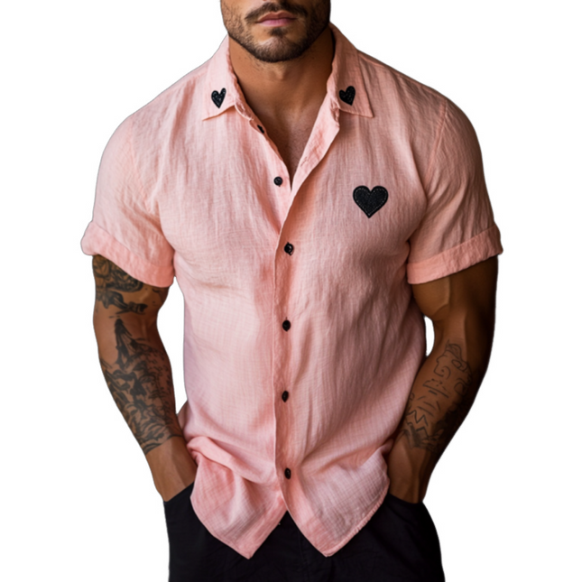Men's Linen Short Sleeve Shirt | Heart Embroidered | Casual Lapel Design | Slim Fit | Breathable Fabric | Versatile Styling | Machine Washable | Summer Wardrobe Essential | Comfortable & Chic