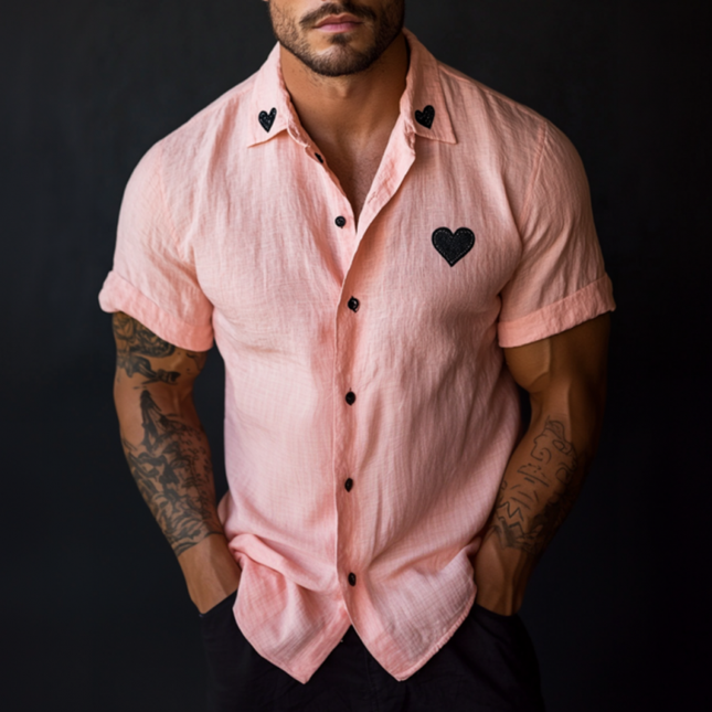 Men's Linen Short Sleeve Shirt | Heart Embroidered | Casual Lapel Design | Slim Fit | Breathable Fabric | Versatile Styling | Machine Washable | Summer Wardrobe Essential | Comfortable & Chic