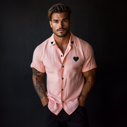 Men's Linen Short Sleeve Shirt | Heart Embroidered | Casual Lapel Design | Slim Fit | Breathable Fabric | Versatile Styling | Machine Washable | Summer Wardrobe Essential | Comfortable & Chic