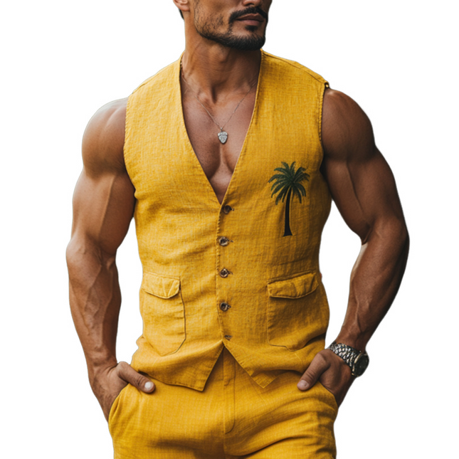 Men's Slim Fit Vest | Linen V-Neck | Palm Tree Embroidery | Single Breasted | Casual Outerwear | Lightweight Summer Wear | Versatile Styling Options | Elegant and Comfortable | Perfect for Warm Weather Events