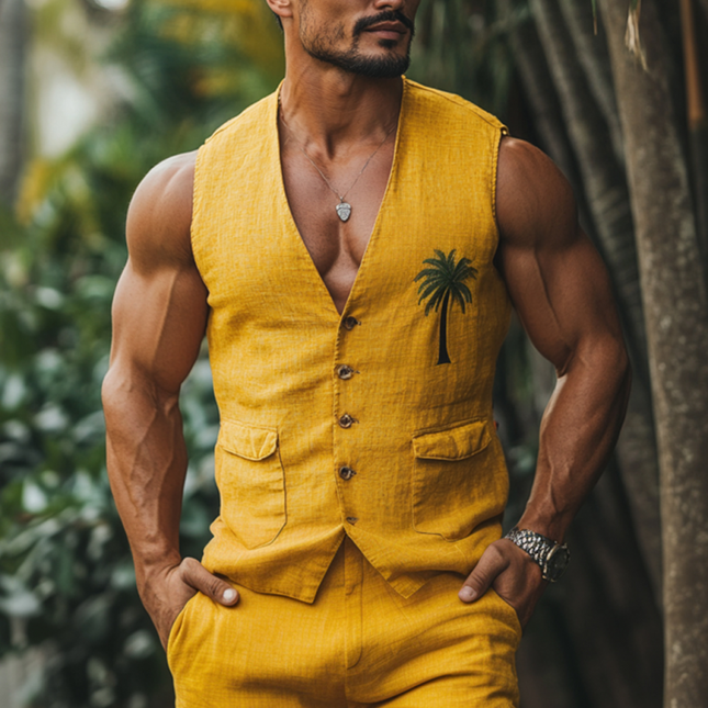 Men's Slim Fit Vest | Linen V-Neck | Palm Tree Embroidery | Single Breasted | Casual Outerwear | Lightweight Summer Wear | Versatile Styling Options | Elegant and Comfortable | Perfect for Warm Weather Events