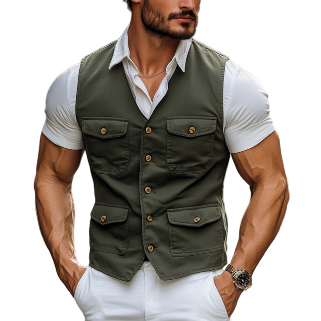 Men's Cotton V-Neck Workwear Vest | Multi-Pocket | Slim Fit | Single-Breasted | Casual Outdoor Vest | Breathable Fabric | Machine Washable | Versatile Layering | Sizes Available | Ideal for Work & Leisure