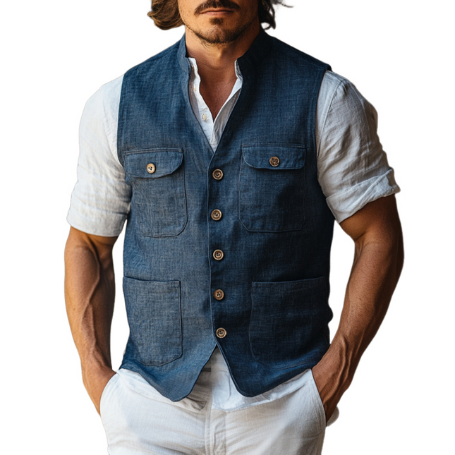 Men's Linen Work Vest | Casual Stand Collar | Single-Breasted | Multi-Pocket | Lightweight Breathable Fabric | Elegant Style | Versatile Outfit | Slim Fit | Easy Care | Multiple Sizes Available