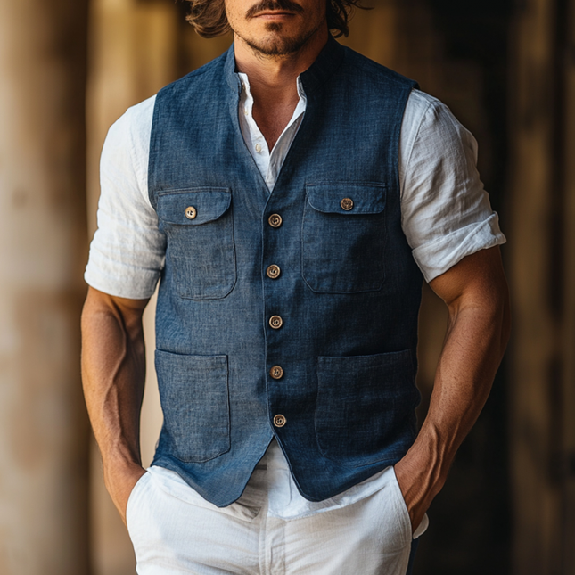 Men's Linen Work Vest | Casual Stand Collar | Single-Breasted | Multi-Pocket | Lightweight Breathable Fabric | Elegant Style | Versatile Outfit | Slim Fit | Easy Care | Multiple Sizes Available