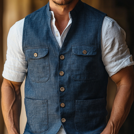 Men's Linen Work Vest | Casual Stand Collar | Single-Breasted | Multi-Pocket | Lightweight Breathable Fabric | Elegant Style | Versatile Outfit | Slim Fit | Easy Care | Multiple Sizes Available
