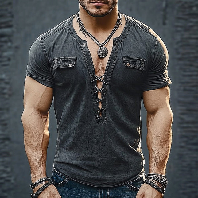 Men's Retro V-neck Lace-up Short Sleeve T-shirt | Summer Casual Top | Comfortable Breathable Material | Vintage Fashion Style | Versatile Outfit | Optimal Warm Weather Wear | Available in Various Sizes