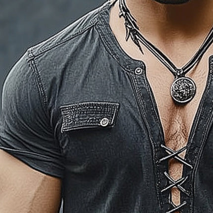 Men's Retro V-neck Lace-up Short Sleeve T-shirt | Summer Casual Top | Comfortable Breathable Material | Vintage Fashion Style | Versatile Outfit | Optimal Warm Weather Wear | Available in Various Sizes
