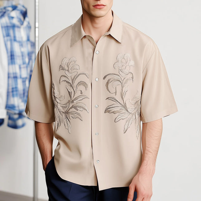 Men's Summer Fashion Shirt | Silver Embroidery | Loose Fit | Short Sleeve | Lightweight Fabric | Breathable | Elegant Casual Wear
