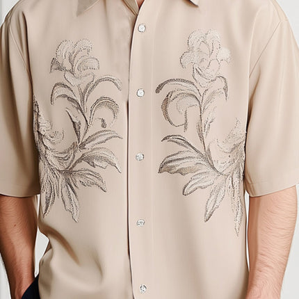 Men's Summer Fashion Shirt | Silver Embroidery | Loose Fit | Short Sleeve | Lightweight Fabric | Breathable | Elegant Casual Wear
