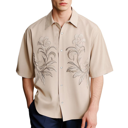 Men's Summer Fashion Shirt | Silver Embroidery | Loose Fit | Short Sleeve | Lightweight Fabric | Breathable | Elegant Casual Wear