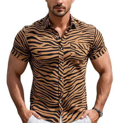 Men’s Short Sleeve Shirt | Tiger Texture Design | Summer Comfort | Lightweight Breathable Fabric | Casual Fashion | Lapel Neckline | Beach Party Outfit | Versatile Sizes
