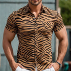 Men’s Short Sleeve Shirt | Tiger Texture Design | Summer Comfort | Lightweight Breathable Fabric | Casual Fashion | Lapel Neckline | Beach Party Outfit | Versatile Sizes