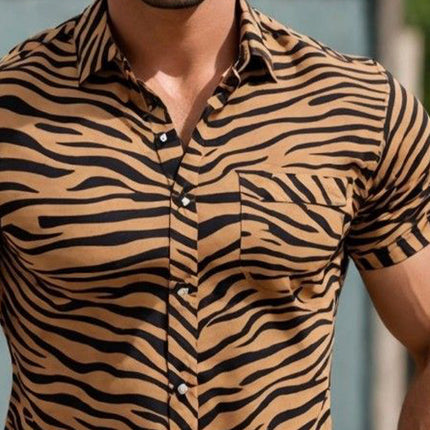 Men’s Short Sleeve Shirt | Tiger Texture Design | Summer Comfort | Lightweight Breathable Fabric | Casual Fashion | Lapel Neckline | Beach Party Outfit | Versatile Sizes