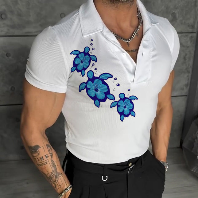 Men's Lapel Short Sleeve T-Shirt | Retro Turtle Print | Casual Vintage Style | Breathable Soft Fabric | Comfortable Fit | Stylish Men's Top