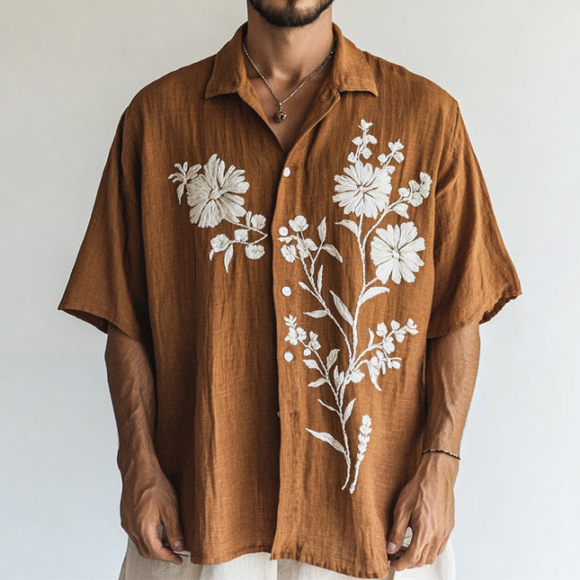 Men's Floral Embroidery Linen Shirt | Short Sleeve Lapel Collar | Casual Wear | Breathable Lightweight Spring Summer Top | Versatile Semi-Formal Outfit | Elegant and Comfortable Fashion Apparel