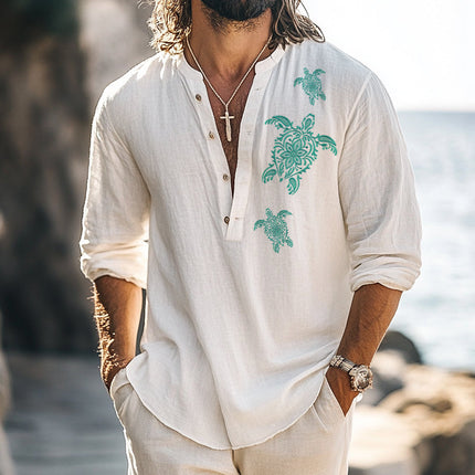 Men's Vintage Henley Collar Shirt | Turtle Embroidery | Long Sleeve | Casual Versatile Wear | Breathable Fabric | Classic Buttoned Cuffs | Sizes S-3XL | Stylish Comfort