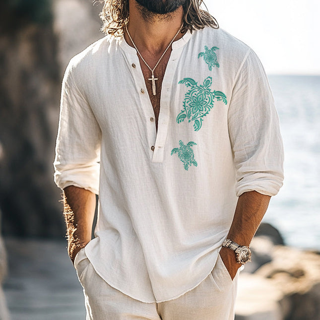Men's Vintage Henley Collar Shirt | Turtle Embroidery | Long Sleeve | Casual Versatile Wear | Breathable Fabric | Classic Buttoned Cuffs | Sizes S-3XL | Stylish Comfort