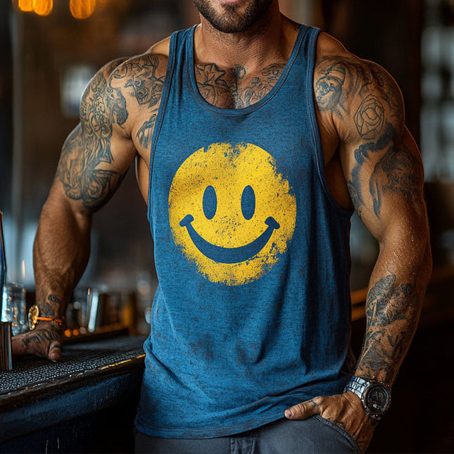 Men's Retro Smiley Face Tank Top | Sleeveless Crew Neck | Comfortable & Stylish | Casual Summer Wear