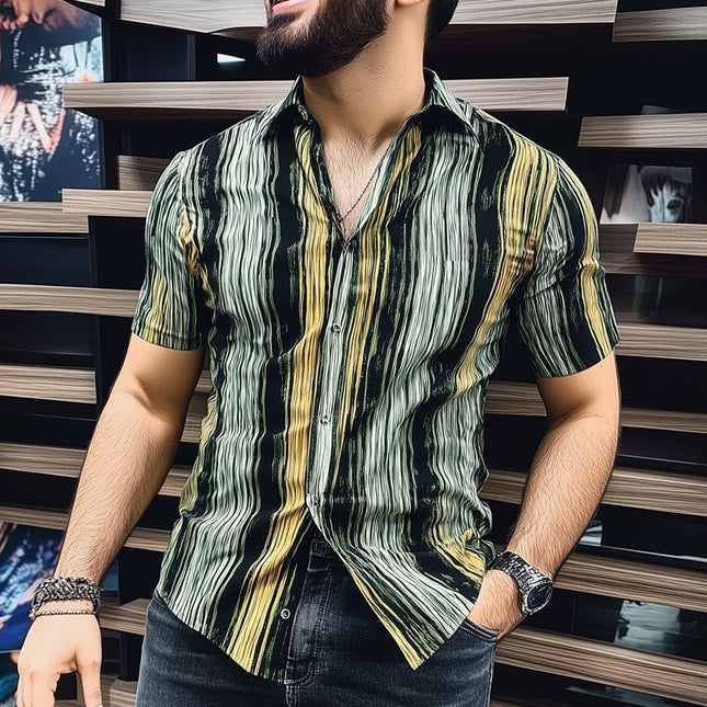 Men's Short Sleeve Shirt | Retro Vertical Stripe Print | Casual Button Down | Lightweight Fabric | Breathable | Summer Fashion | Classic Collar | Regular Fit | Vintage Style | Multi Size Options