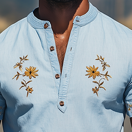 Men's Summer Henley T-Shirt | Flower Embroidery | Cotton Linen Blend | Short Sleeve | Casual Fashion Top | Breathable & Comfortable | Clothing for Summer | Stylish Versatile Design | Classic Collar