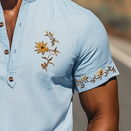 Men's Summer Henley T-Shirt | Flower Embroidery | Cotton Linen Blend | Short Sleeve | Casual Fashion Top | Breathable & Comfortable | Clothing for Summer | Stylish Versatile Design | Classic Collar