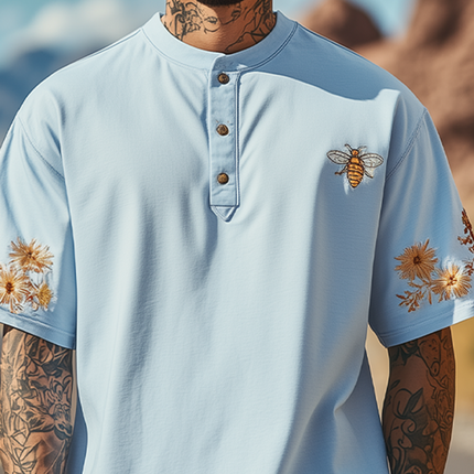 Men's Cotton Blend Henley Collar T-Shirt | Short Sleeve Summer Fashion | Flower & Bee Embroidery