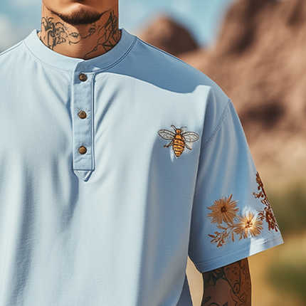 Men's Cotton Blend Henley Collar T-Shirt | Short Sleeve Summer Fashion | Flower & Bee Embroidery
