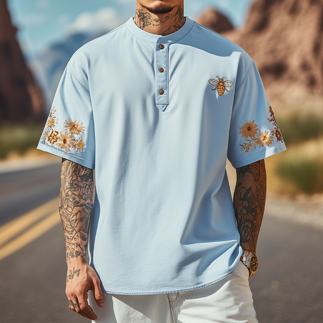 Men's Cotton Blend Henley Collar T-Shirt | Short Sleeve Summer Fashion | Flower & Bee Embroidery