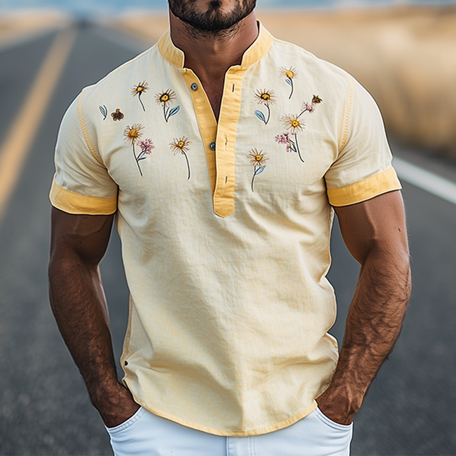 Men's Summer Henley T-Shirt | Flower Embroidery | Cotton Linen Blend | Short Sleeve | Fashionable Casual Top | Lightweight Breathable Shirt | Stylish Collar | Comfortable Warm Weather Tee