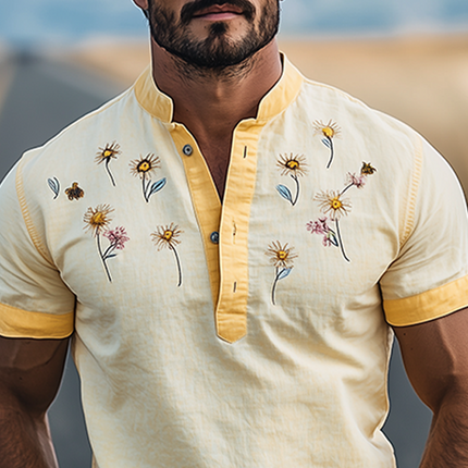Men's Summer Henley T-Shirt | Flower Embroidery | Cotton Linen Blend | Short Sleeve | Fashionable Casual Top | Lightweight Breathable Shirt | Stylish Collar | Comfortable Warm Weather Tee