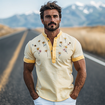 Men's Summer Henley T-Shirt | Flower Embroidery | Cotton Linen Blend | Short Sleeve | Fashionable Casual Top | Lightweight Breathable Shirt | Stylish Collar | Comfortable Warm Weather Tee