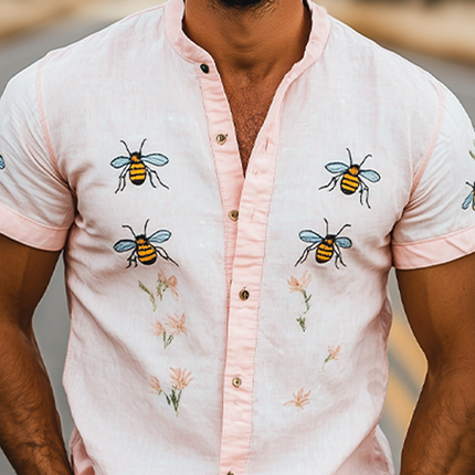Men's Summer Shirt | Casual Stand Collar | Bee Embroidery | Cotton Linen Blend | Short Sleeve | Breathable | Stylish | Versatile | Lightweight | Ideal for Beach Outings | MTA2188D6K