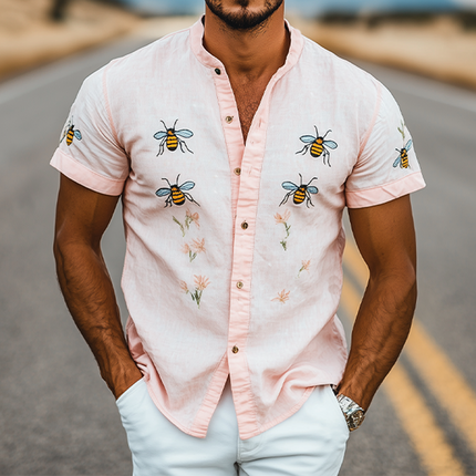 Men's Summer Shirt | Casual Stand Collar | Bee Embroidery | Cotton Linen Blend | Short Sleeve | Breathable | Stylish | Versatile | Lightweight | Ideal for Beach Outings | MTA2188D6K