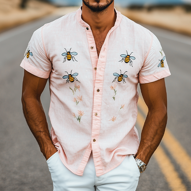 Men's Summer Shirt | Casual Stand Collar | Bee Embroidery | Cotton Linen Blend | Short Sleeve | Breathable | Stylish | Versatile | Lightweight | Ideal for Beach Outings | MTA2188D6K