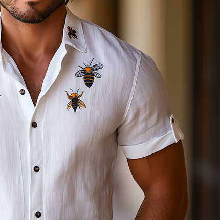 Men's Hawaiian Short Sleeve Shirt | Bee Embroidery | Cotton Linen Blend | Casual Summer Fashion | Lightweight Breathable Top