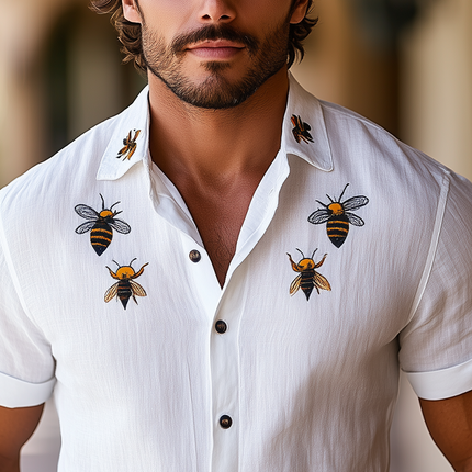Men's Hawaiian Short Sleeve Shirt | Bee Embroidery | Cotton Linen Blend | Casual Summer Fashion | Lightweight Breathable Top