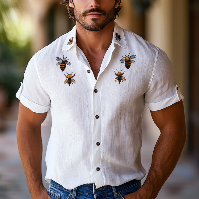 Men's Hawaiian Short Sleeve Shirt | Bee Embroidery | Cotton Linen Blend | Casual Summer Fashion | Lightweight Breathable Top