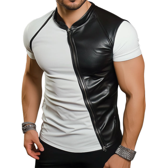 Men's Summer Leather Stitching T-Shirt | Short Sleeve | Fashion Forward | Soft Breathable Fabric | Stylish Edgy Design | Regular Fit | Comfortable | Versatile Sizes | Contemporary Look | Warm Weather Shirt