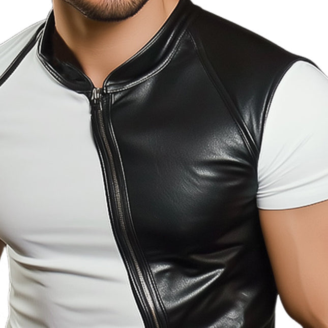 Men's Summer Leather Stitching T-Shirt | Short Sleeve | Fashion Forward | Soft Breathable Fabric | Stylish Edgy Design | Regular Fit | Comfortable | Versatile Sizes | Contemporary Look | Warm Weather Shirt