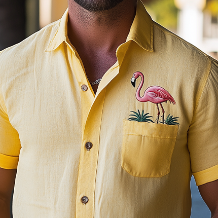 Men's Short Sleeve Hawaiian Shirt | Flamingo Embroidery | Cotton Linen Blend | Summer Fashion | Breathable Casual Top | Chest Pocket | Lightweight Comfort | Versatile Stylish Design