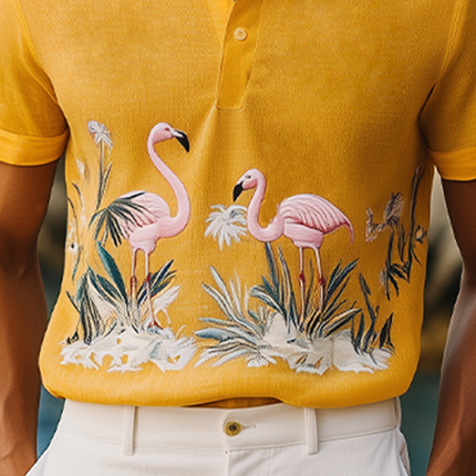 Men's Hawaiian Style Polo Shirt | Flamingo Embroidery | Cotton Linen Blend | Short Sleeve | Summer Fashion | Breathable Casual Design | Lightweight Comfortable Fit | Ideal For Warm Weather