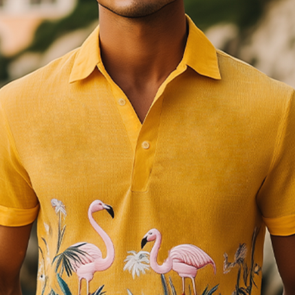 Men's Hawaiian Style Polo Shirt | Flamingo Embroidery | Cotton Linen Blend | Short Sleeve | Summer Fashion | Breathable Casual Design | Lightweight Comfortable Fit | Ideal For Warm Weather