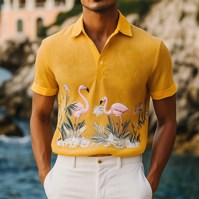 Men's Hawaiian Style Polo Shirt | Flamingo Embroidery | Cotton Linen Blend | Short Sleeve | Summer Fashion | Breathable Casual Design | Lightweight Comfortable Fit | Ideal For Warm Weather