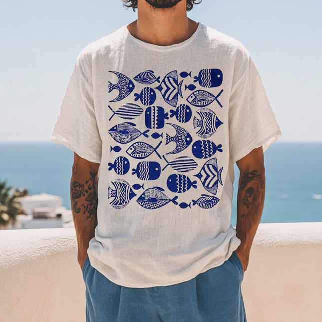 Men's Ocean Print Linen T-Shirt | Retro Casual Short Sleeve | Round Neck | Vintage Beachwear Top | Breathable Lightweight Fabric | Sizes S-3XL | Summer Comfort