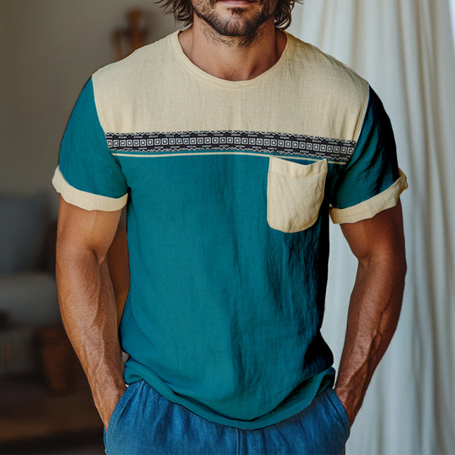 Men's Retro Casual T-Shirt | Colorblock Printed | Linen Material | Round Neck | Short Sleeve | Vintage Style | Comfortable Fit | Breathable Fabric | Versatile Look | Fashionable Top