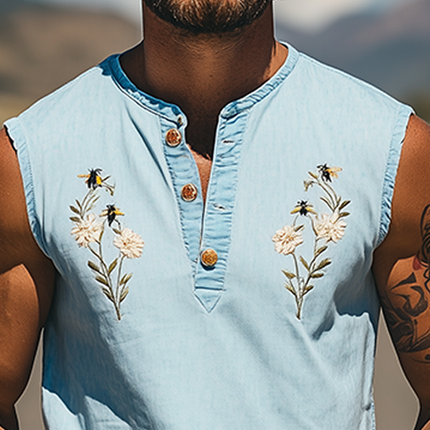Men's Tank Top | Summer V-Neck | Gardenia Embroidered | Tencel Denim | Lightweight & Breathable | Stylish & Comfortable | Durable Fashion | Blue | Ideal for Casual & Party Wear