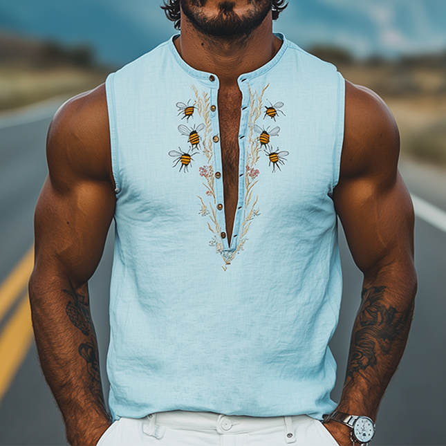 Men's Summer Tank Top | Deep V Neck | Bee and Flower Embroidery | Cotton Linen Blend | Stylish Casual Wear | Breathable Lightweight Fabric | Trendy Warm Weather Top